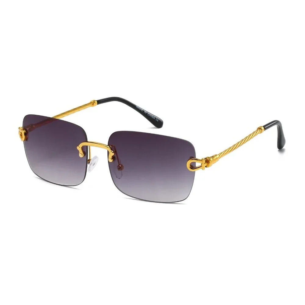 Men Sunglasses Trendy Black Lens Rimless Fashion Retro Shades Gold‎ Metal Lentes
